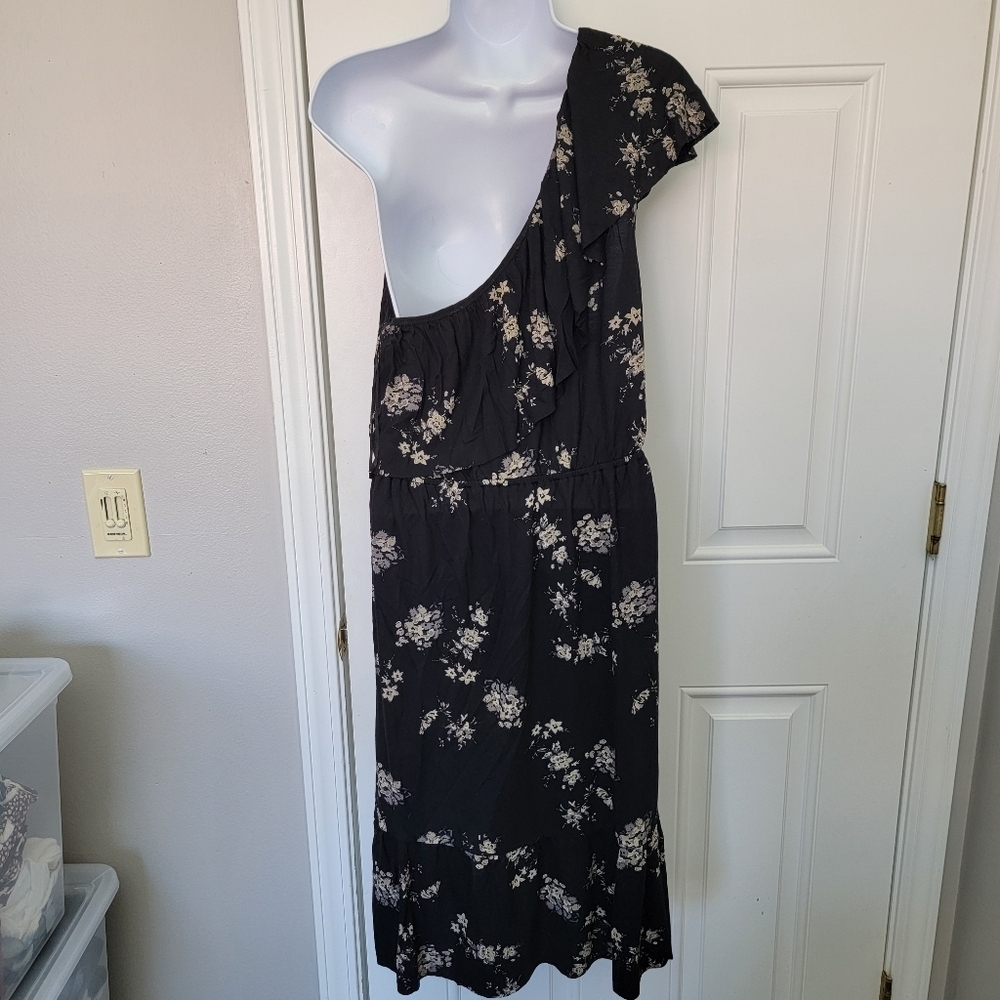 NWT Lucky Brand One Shoulder Ruffled Black Floral Dress Knee Length Size Small - Picture 7 of 13